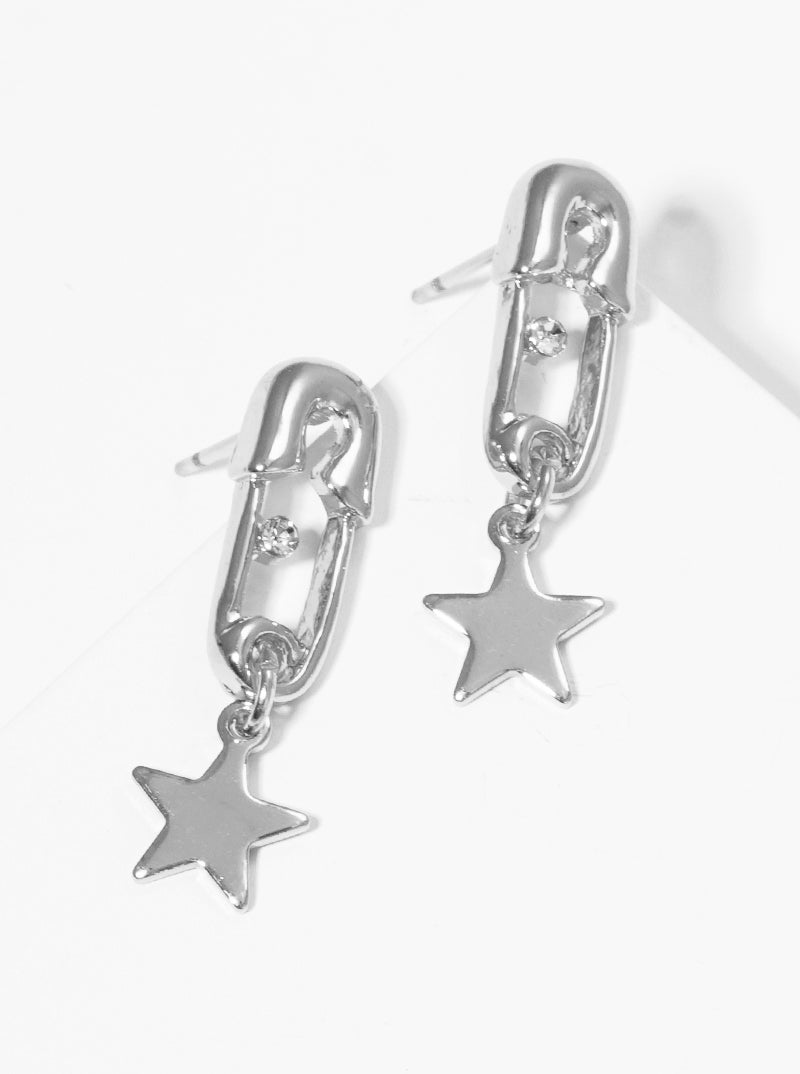 Metal Crystal Stone Clip Post Earrings With Star Drop