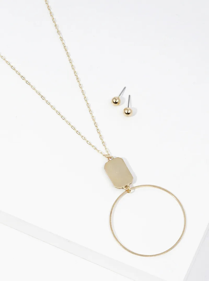 Metal Delicate Circle Pendant Long Necklace Set With Earrings