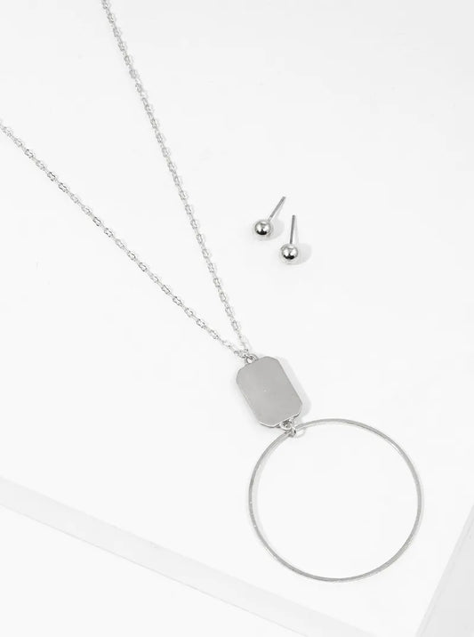 Metal Delicate Circle Pendant Long Necklace Set With Earrings
