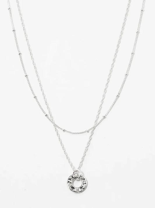 Metal Druzy Textured Donut Pendant Layered Necklace