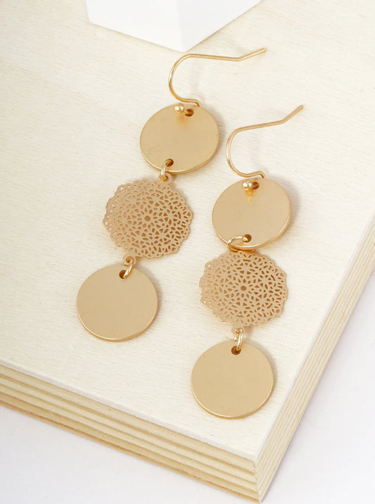 Metal Filigree And Disc Drop Lightweight Dangle Earrings