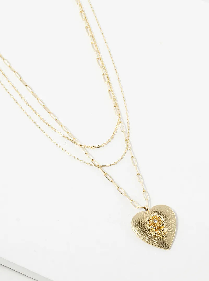 Metal Flower Heart Pendant Layered Necklace