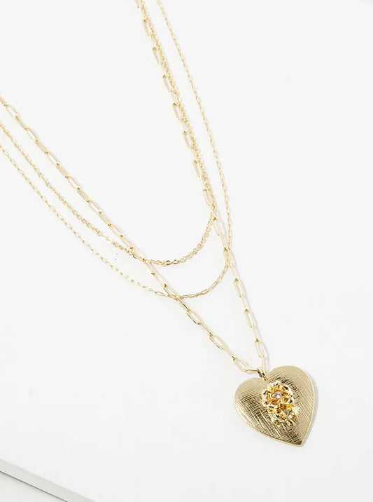 Metal Flower Heart Pendant Layered Necklace