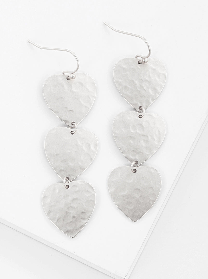 Metal Hammered Heart Drop 3 Tier Dangle Earrings