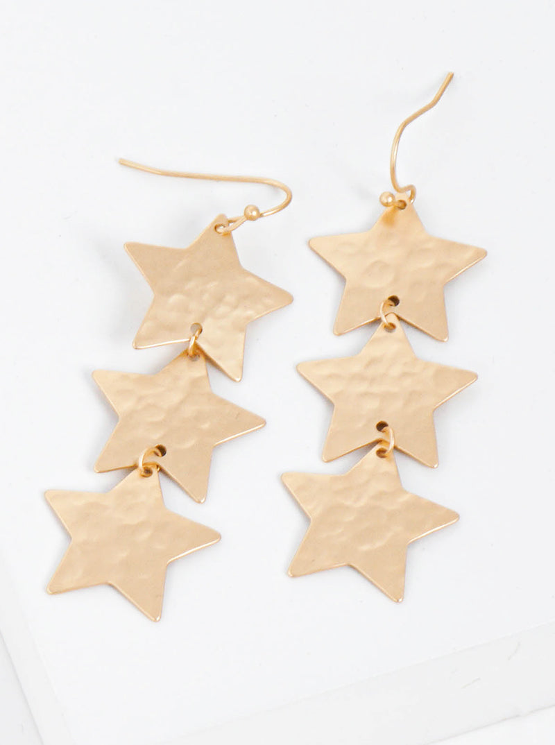 Metal Hammered Star Drop 3 Tier Dangle Earrings