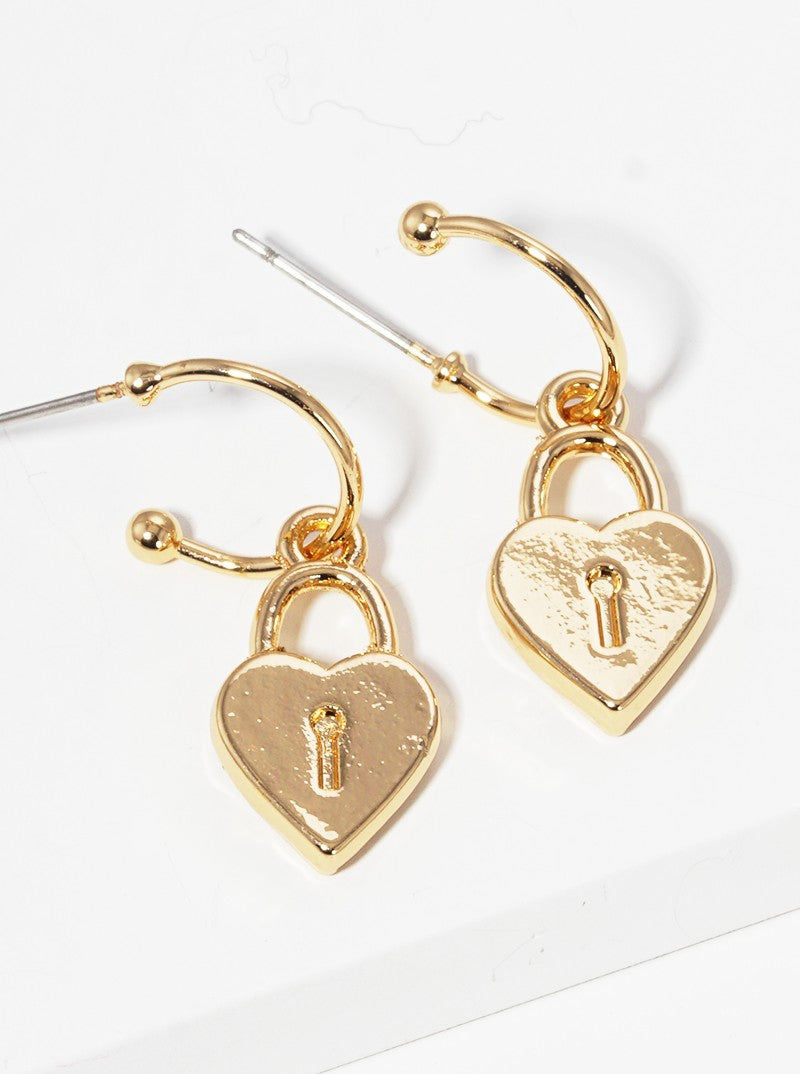 Metal Heart Padlock Drop 10mm Huggie Hoop Earrings