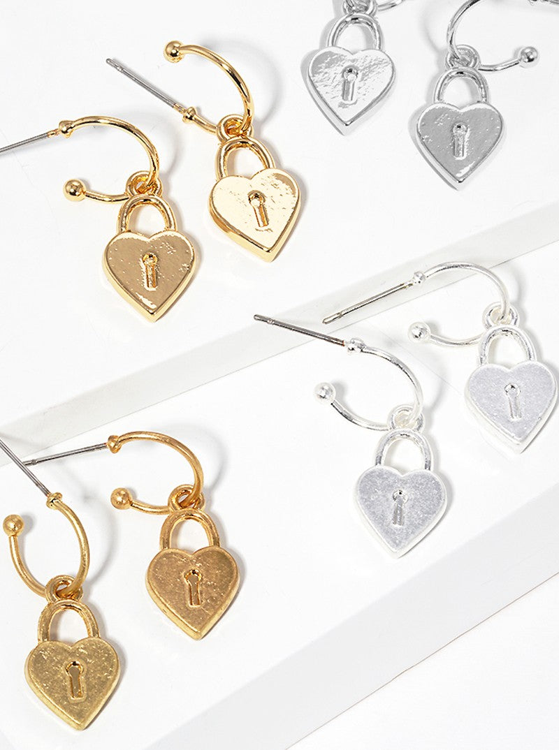 Metal Heart Padlock Drop 10mm Huggie Hoop Earrings