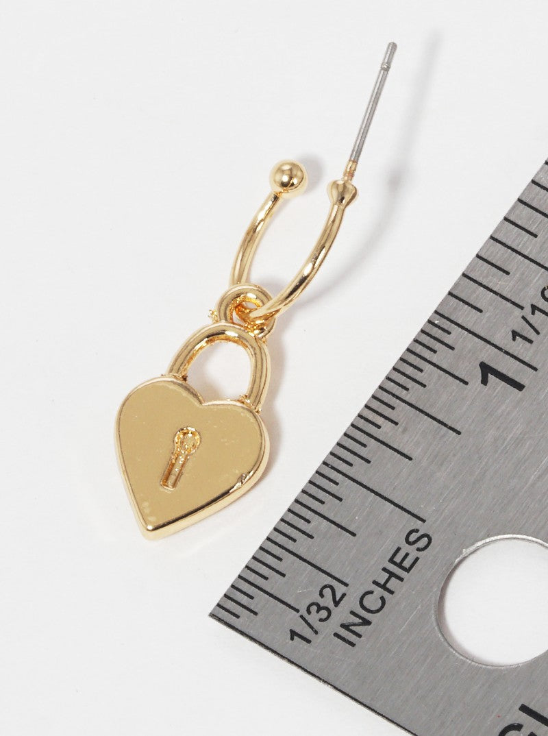 Metal Heart Padlock Drop 10mm Huggie Hoop Earrings
