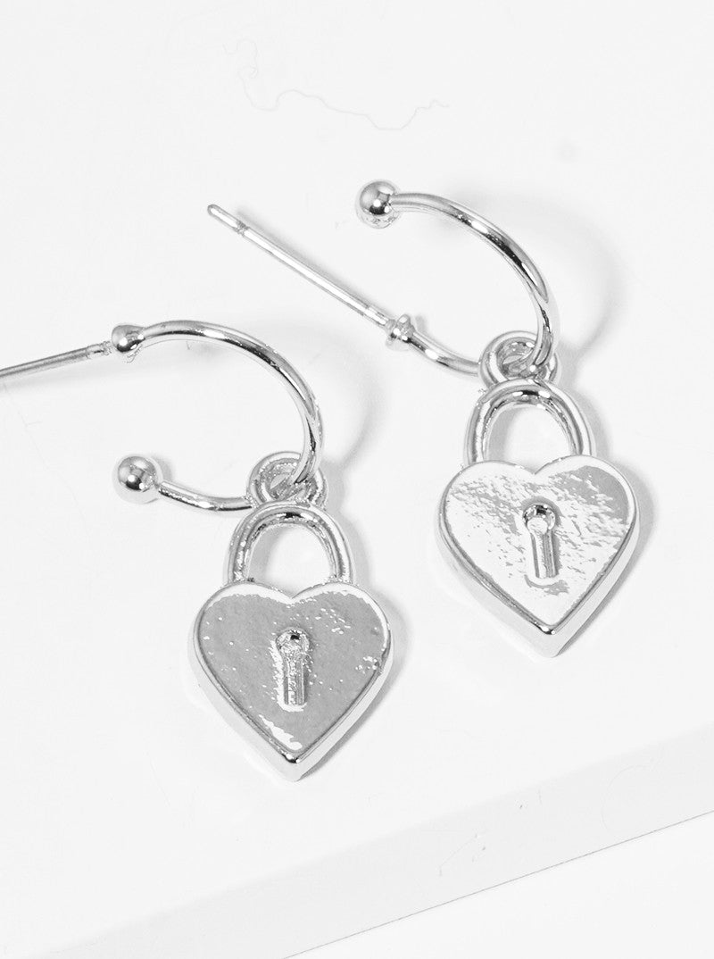 Metal Heart Padlock Drop 10mm Huggie Hoop Earrings