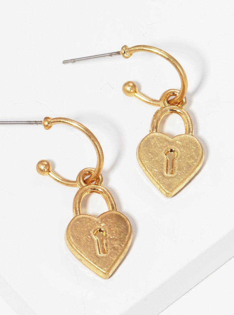 Metal Heart Padlock Drop 10mm Huggie Hoop Earrings