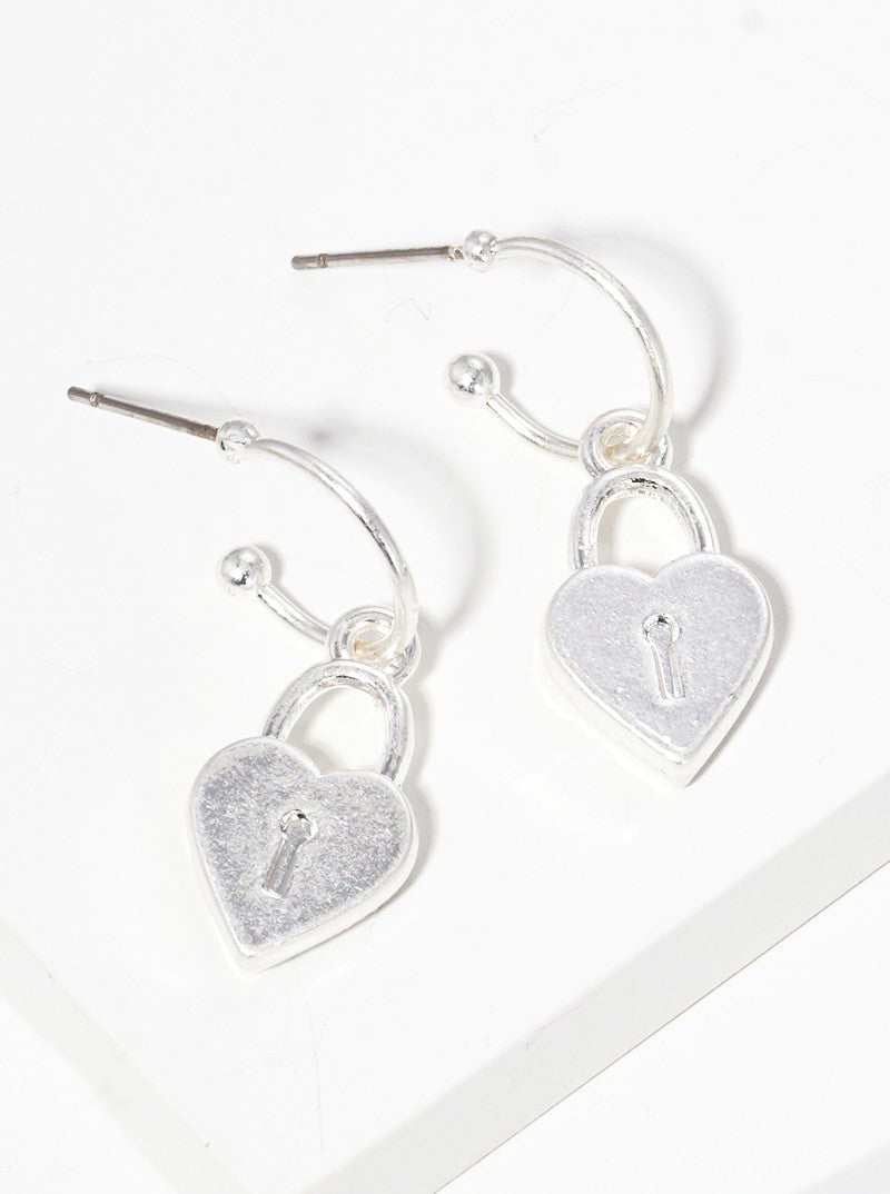 Metal Heart Padlock Drop 10mm Huggie Hoop Earrings