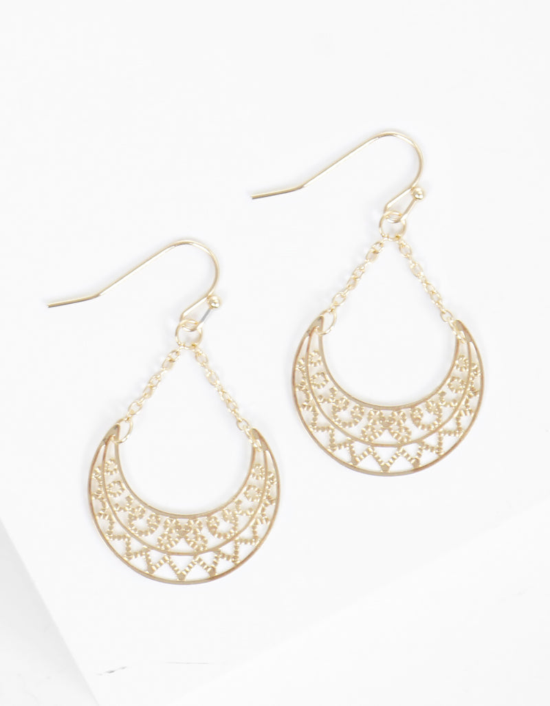 Metal Linked Chain Dainty Crescent Filigree Fishhook Dangle Drop Earrings