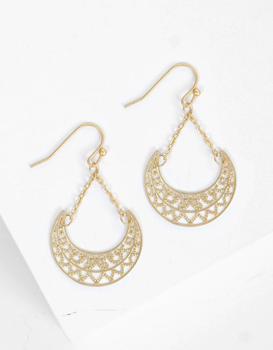 Metal Linked Chain Dainty Crescent Filigree Fishhook Dangle Drop Earrings