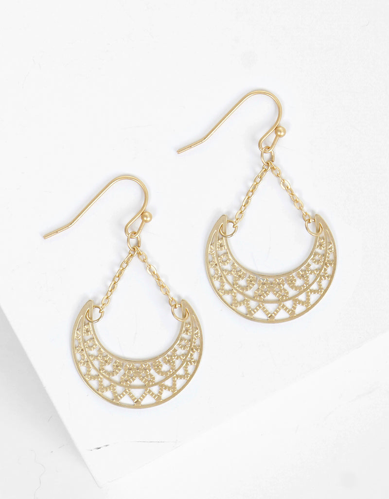 Metal Crescent Filigree Fish Hook Dangle Drop Earrings