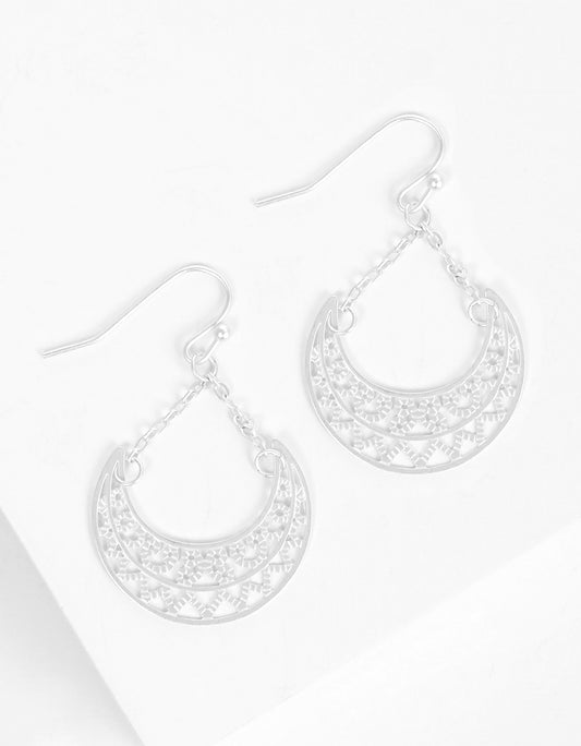 Metal Linked Chain Dainty Crescent Filigree Fishhook Dangle Drop Earrings