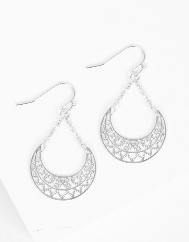 Metal Linked Chain Dainty Crescent Filigree Fishhook Dangle Drop Earrings