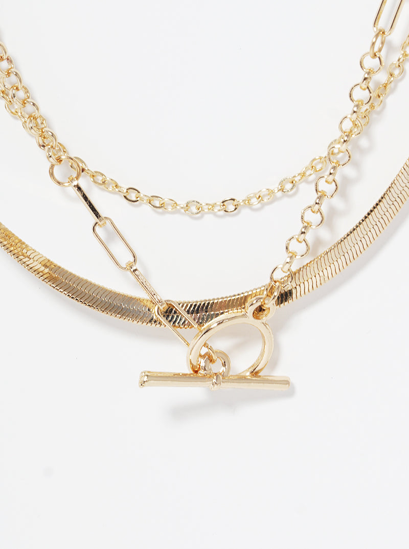 Metal Multi Chain Toggle T Bar Clasp Layered Necklace