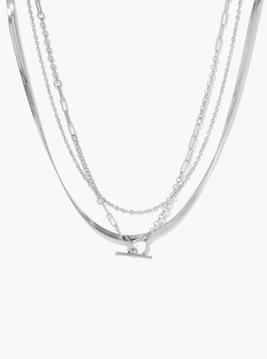 Metal Multi Chain Toggle T Bar Clasp Layered Necklace
