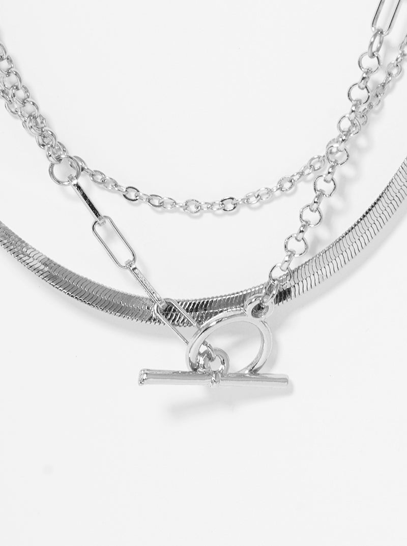 Metal Multi Chain Toggle T Bar Clasp Layered Necklace