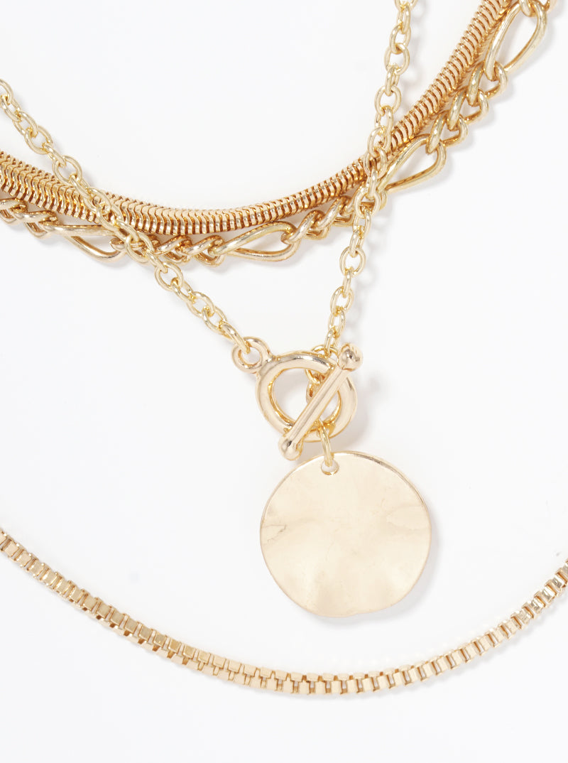 Metal Multi Chain Toggle Clasp Layered Necklace
