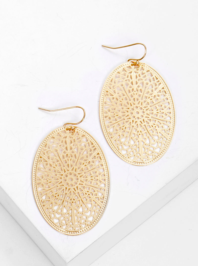 Metal Oval Filigree Fish Hook Dangle Drop Earrings