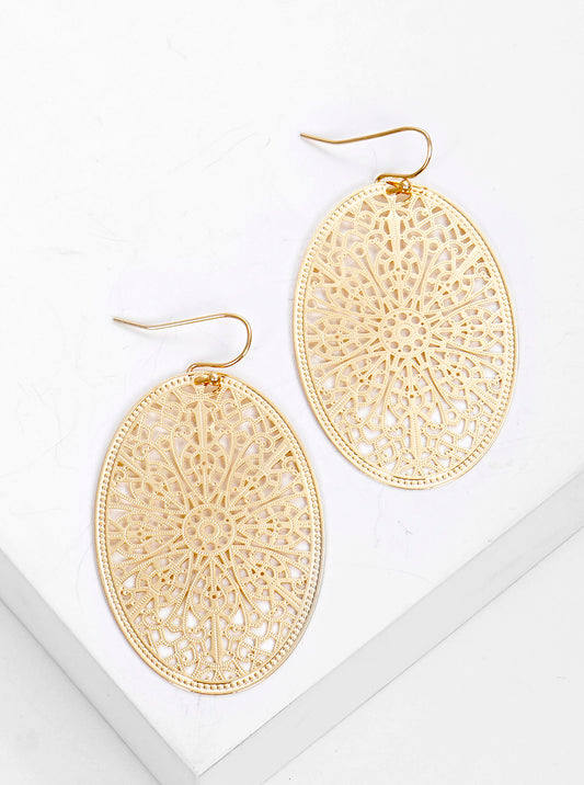 Metal Oval Filigree Fish Hook Dangle Drop Earrings