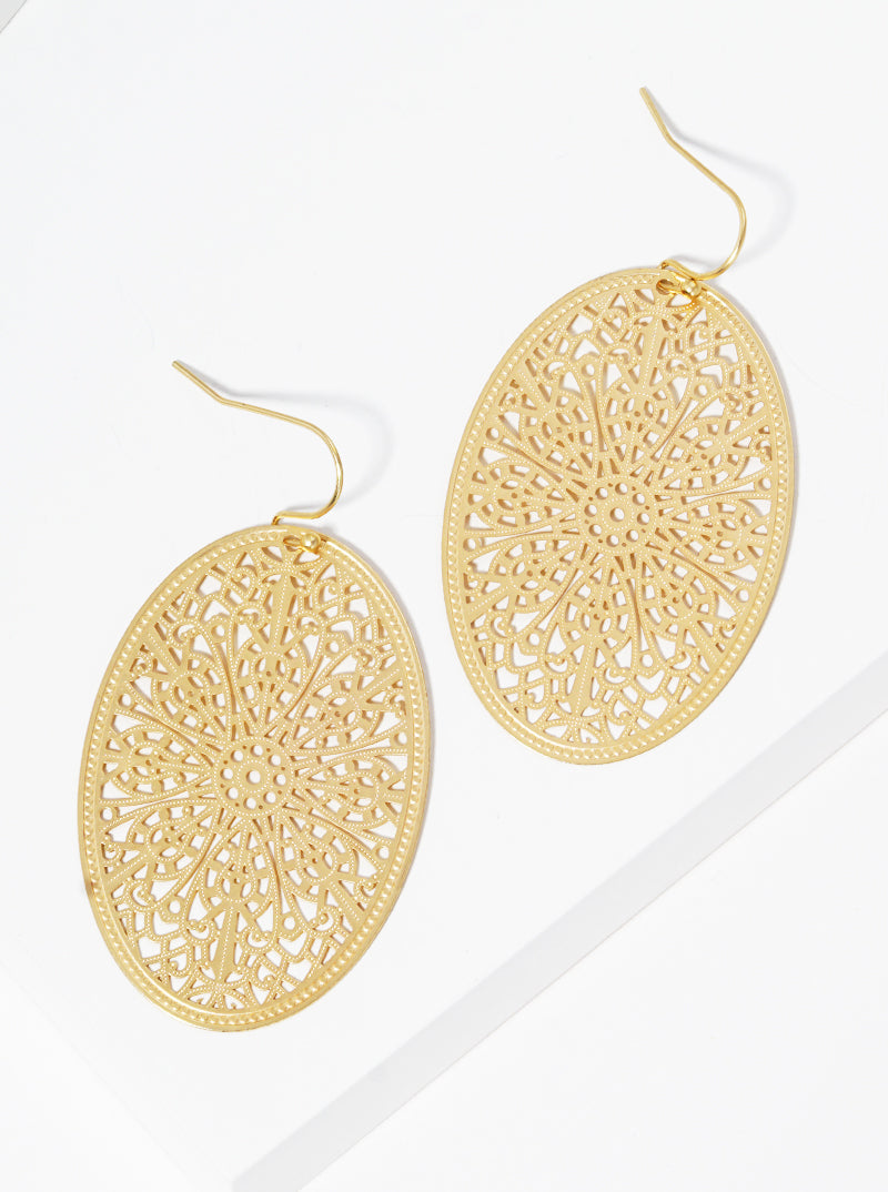 Metal Oval Filigree Fish Hook Dangle Drop Earrings