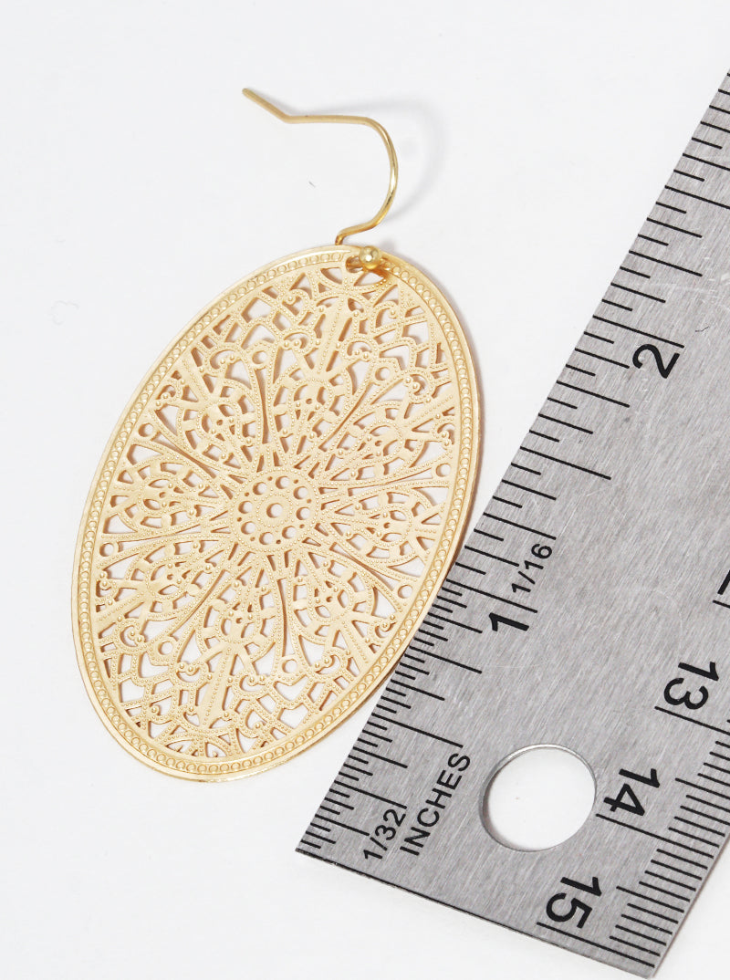 Metal Oval Filigree Fish Hook Dangle Drop Earrings