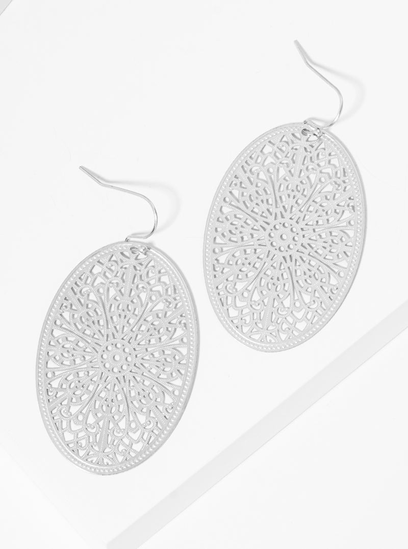 Metal Oval Filigree Fish Hook Dangle Drop Earrings