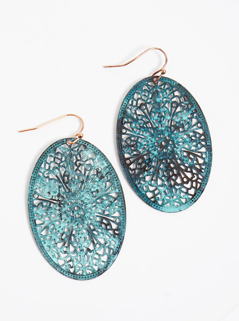 Metal Oval Filigree Fish Hook Dangle Drop Earrings