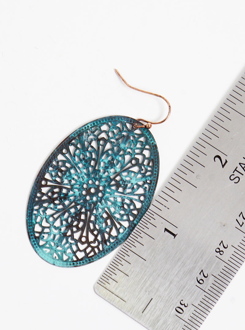 Metal Oval Filigree Fish Hook Dangle Drop Earrings