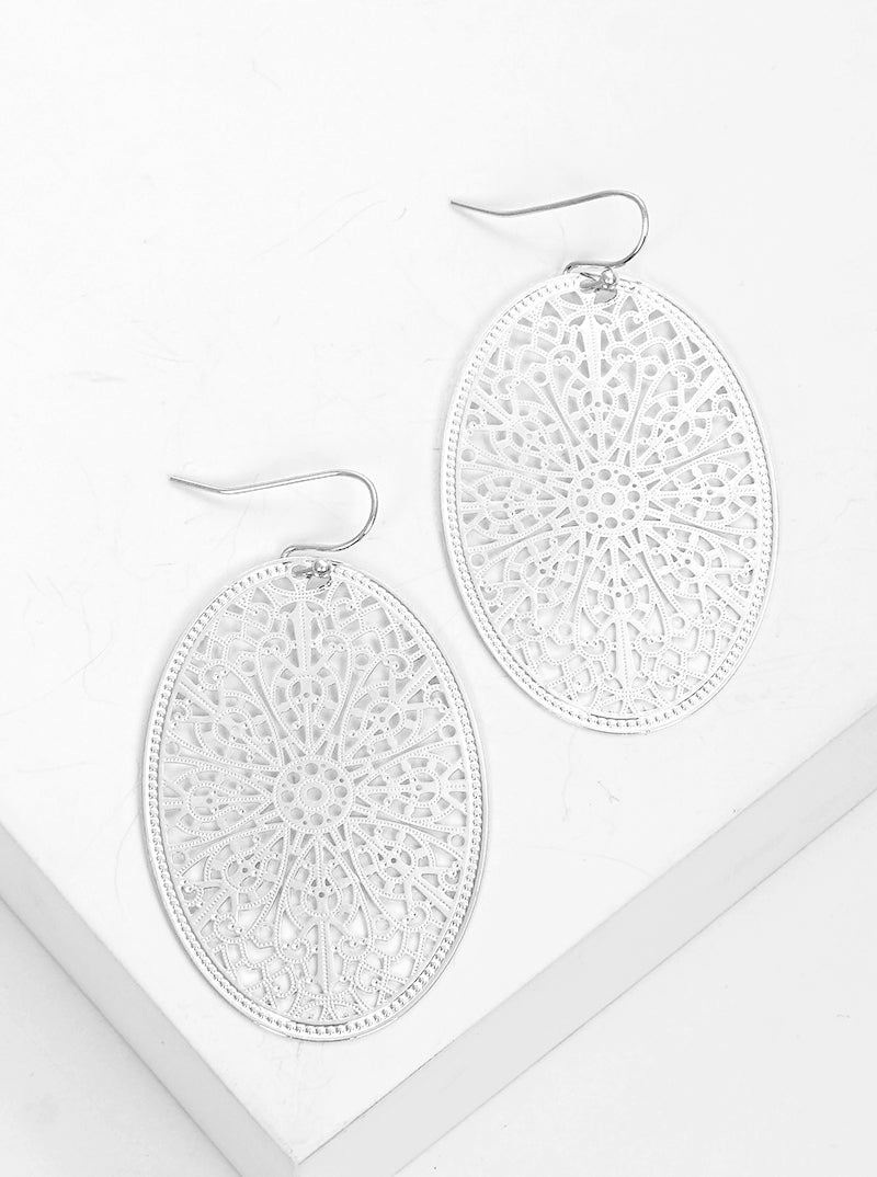 Metal Oval Filigree Fish Hook Dangle Drop Earrings