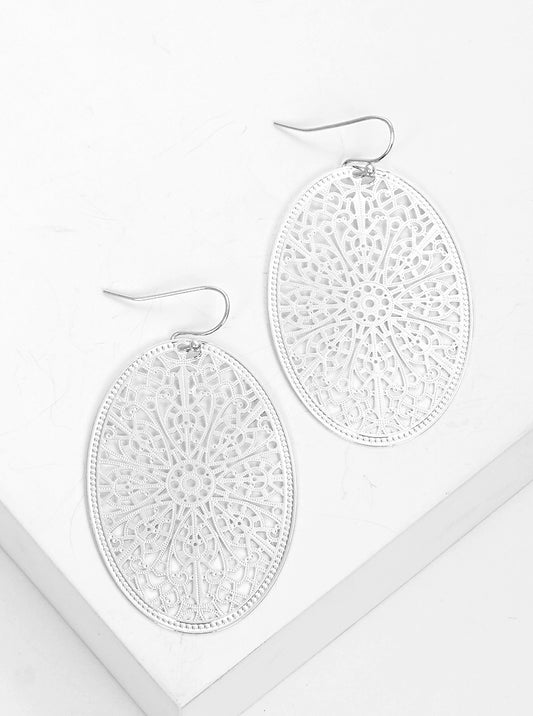 Metal Oval Filigree Fish Hook Dangle Drop Earrings