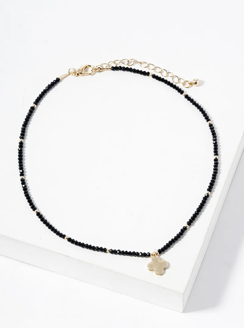 Metal Quatrefoil Pendant Glass Beaded Choker Necklace