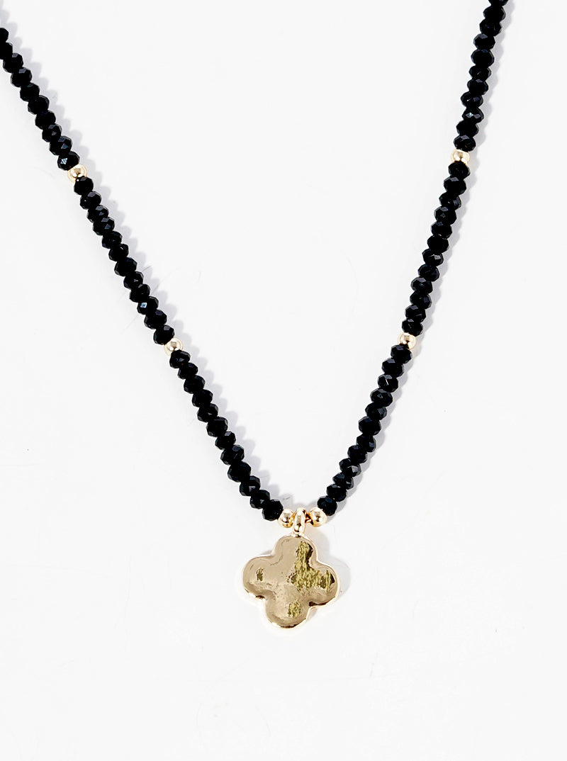 Metal Quatrefoil Pendant Glass Beaded Choker Necklace