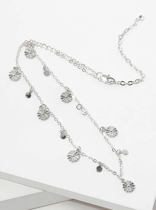 Metal Round Disc And Flower Charm Choker Necklace