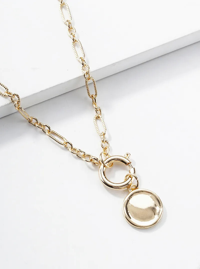 Metal Round Pendant Toggle Closure Rope Chain Necklace