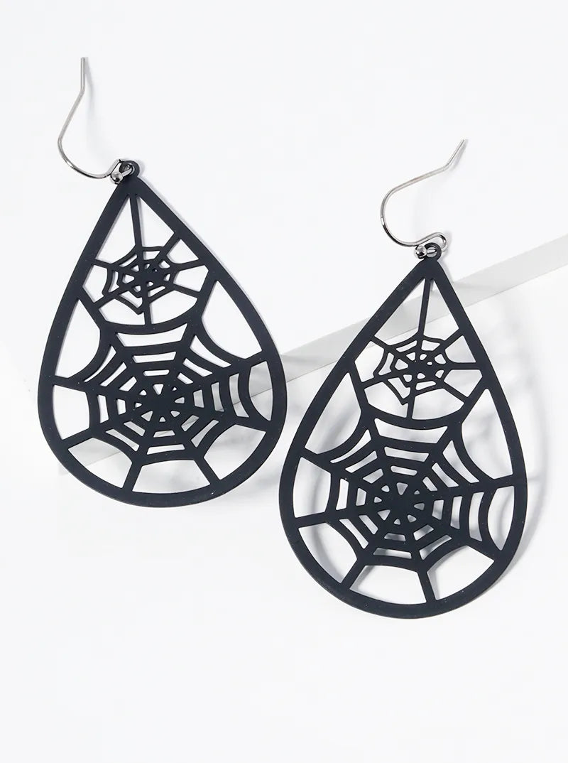 Metal Spider Web Cut Out Teardrop Halloween Theme Dangle Drop Earrings