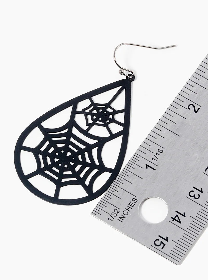 Metal Spider Web Cut Out Teardrop Halloween Theme Dangle Drop Earrings