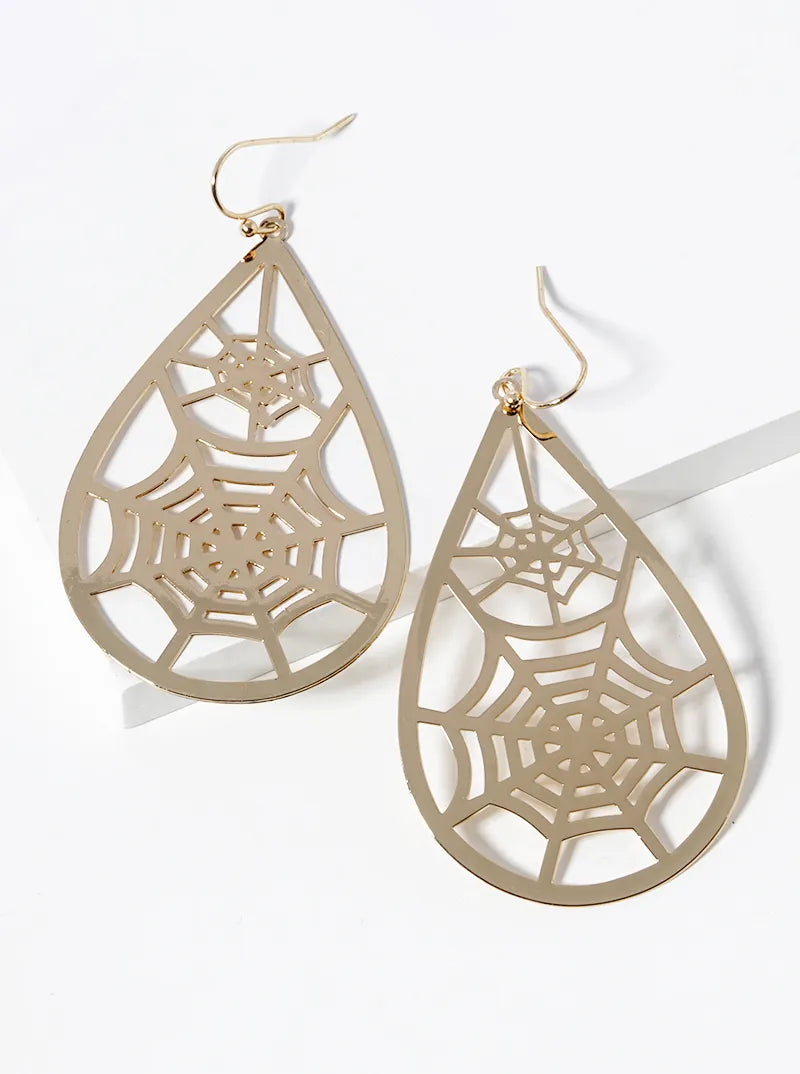 Metal Spider Web Cut Out Teardrop Halloween Theme Dangle Drop Earrings