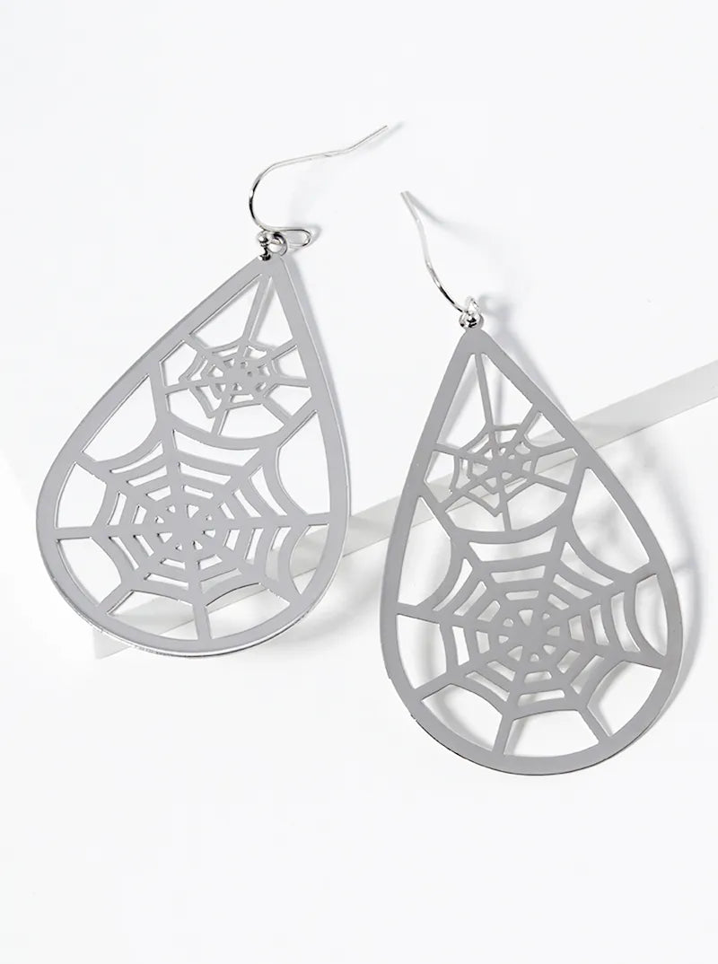 Metal Spider Web Cut Out Teardrop Halloween Theme Dangle Drop Earrings