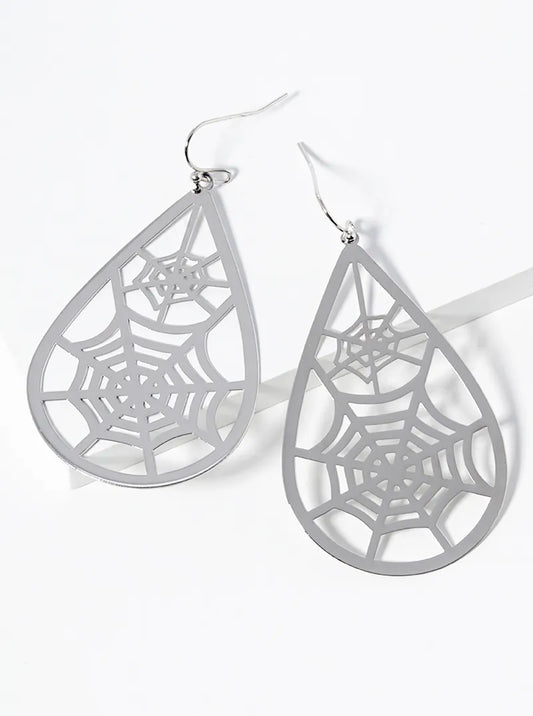 Metal Spider Web Cut Out Teardrop Halloween Theme Dangle Drop Earrings