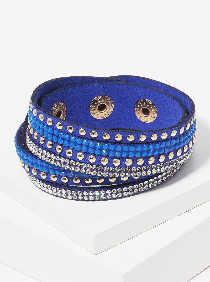 Metal Studded Leatherette Wrap Bracelet Blue