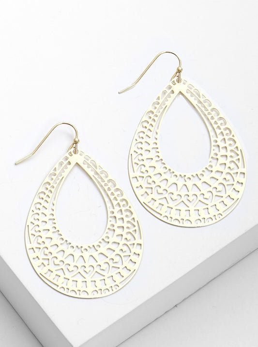 Metal Teardrop Filigree Delicate Fish Hook Dangle Drop Earrings