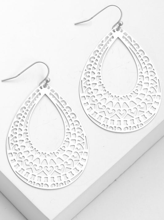 Metal Teardrop Filigree Delicate Fish Hook Dangle Drop Earrings