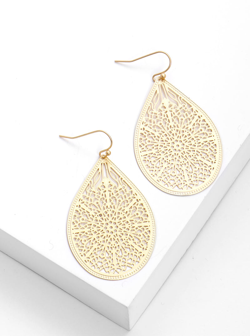 Metal Teardrop Filigree Fish Hook Dangle Drop Earrings