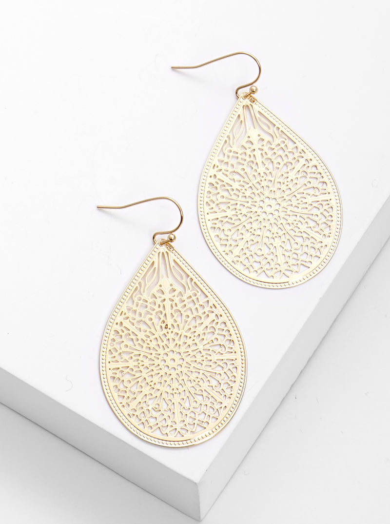 Metal Teardrop Filigree Fish Hook Dangle Drop Earrings