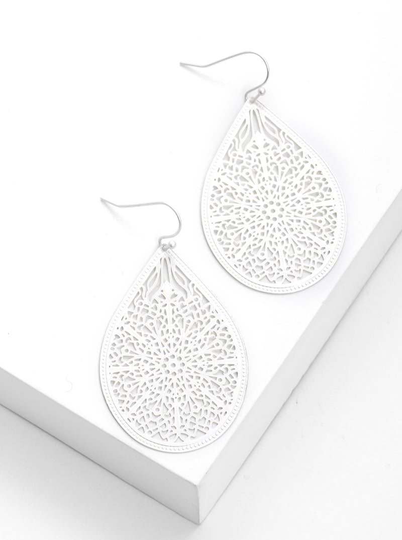 Metal Teardrop Filigree Fish Hook Dangle Drop Earrings