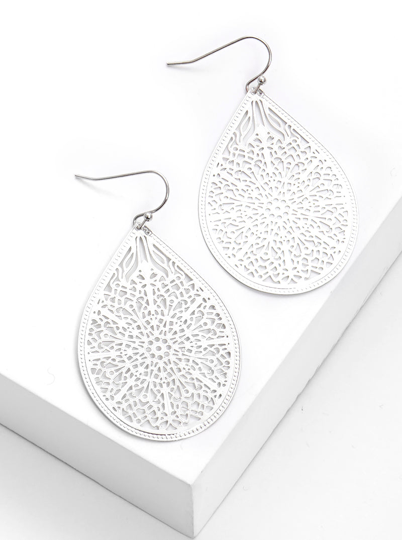 Metal Teardrop Filigree Fish Hook Dangle Drop Earrings