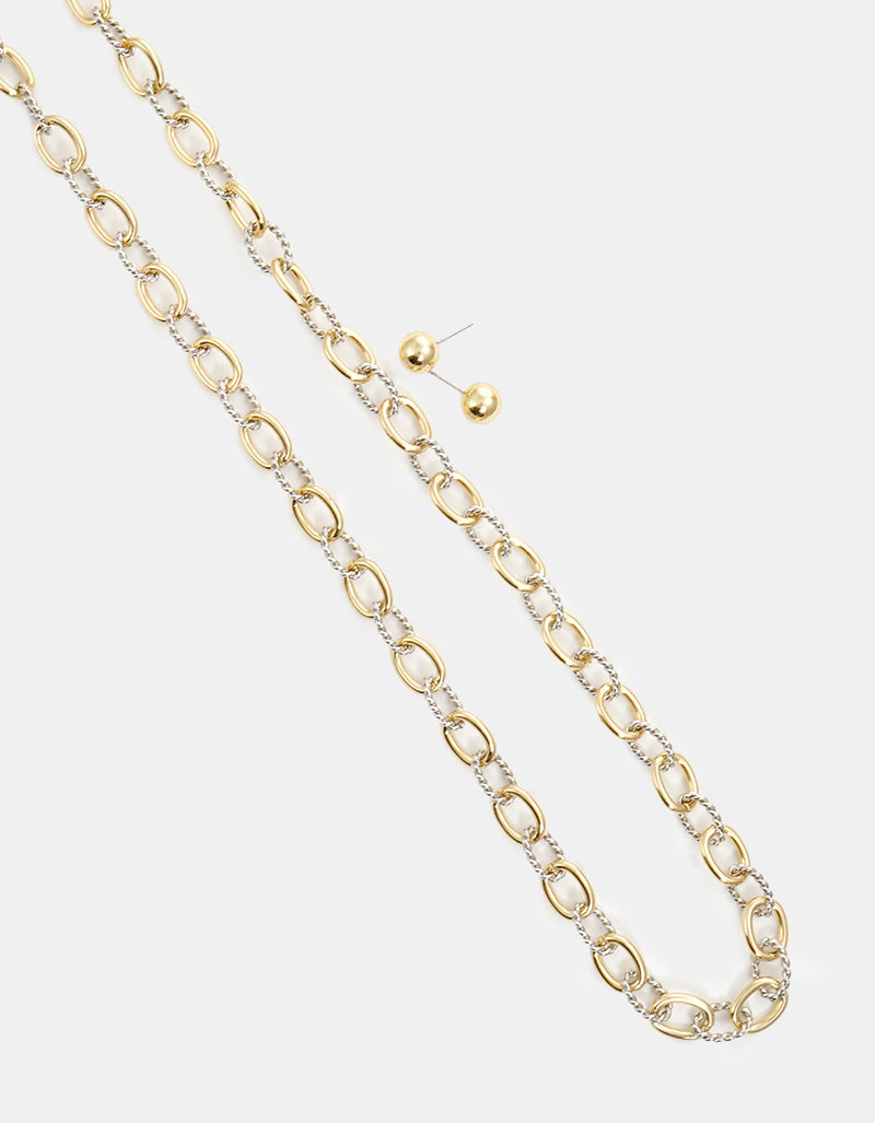 Metal Textured Chunky Chain Set With Earrings Long Necklace